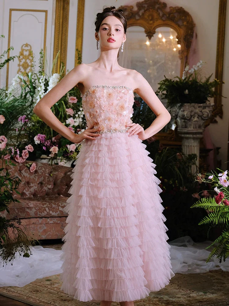Pink Princess layer ruffle midi floral Embroidery strapless Dress