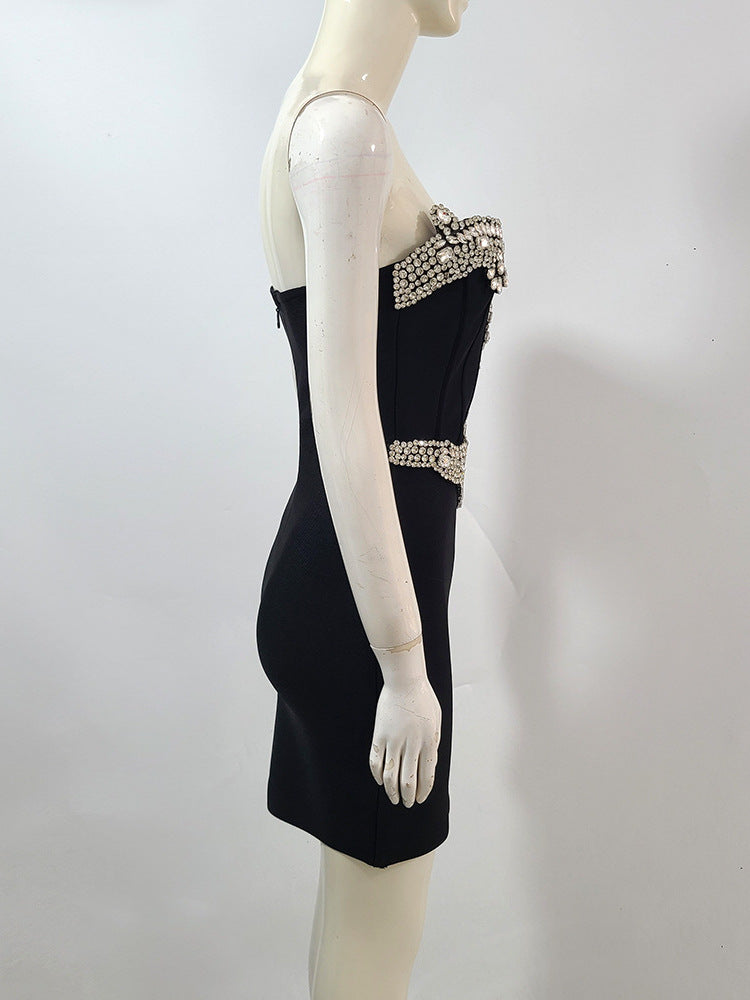 rita Rhinestone Bodycon strapless Bandage mini dress in black