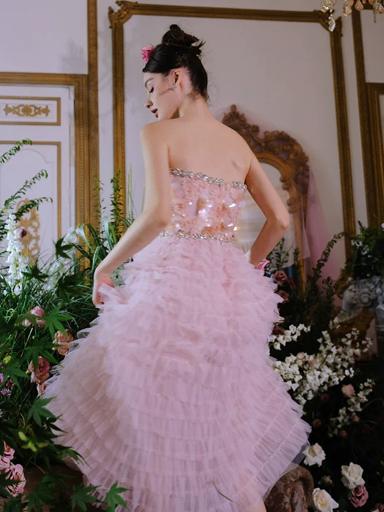 Pink Princess layer ruffle midi floral Embroidery strapless Dress