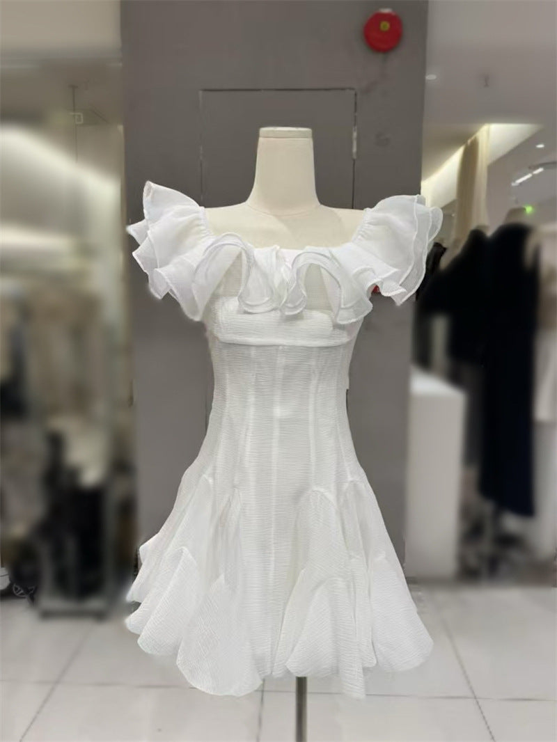 stephanie off-shoulder ruffle trim mini dress in white