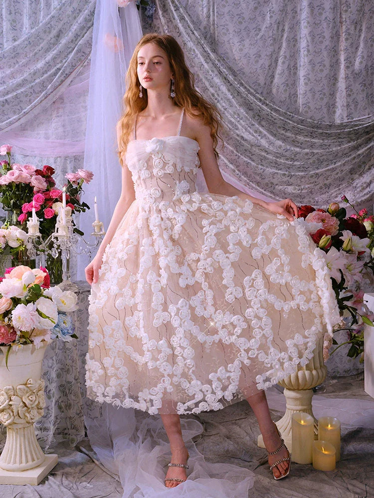 Leah White/Beige Sleeveless  Flower Dress