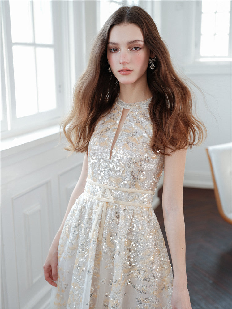 Gold Couture with Floral Embroidery Sequin Banquet Dress