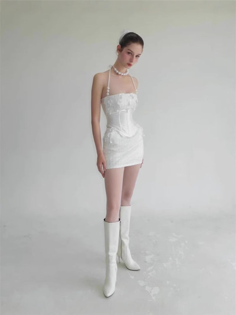 pearl fishbone wrap top skirt set in white