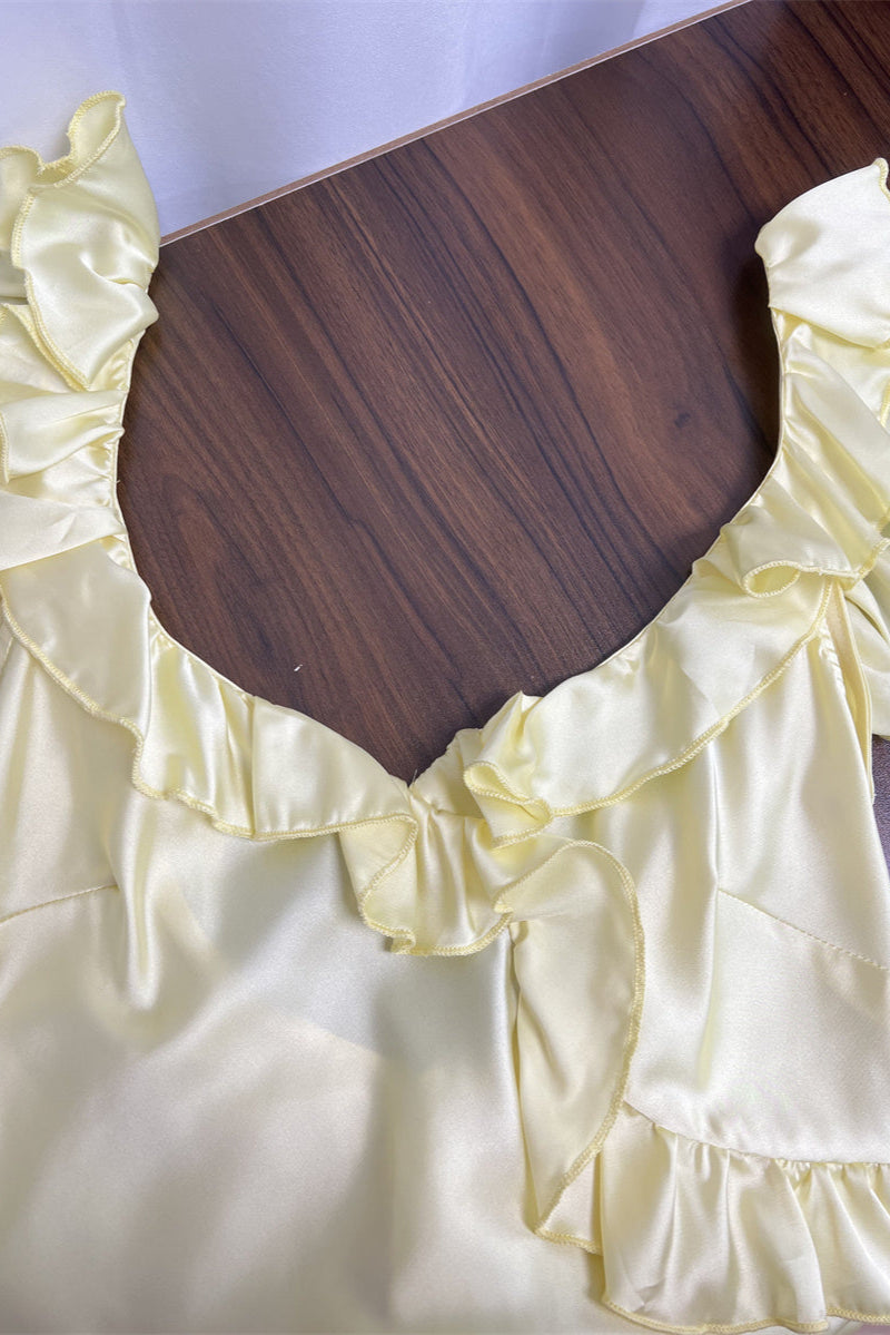 buttercup satin ruffle mini dress in yellow