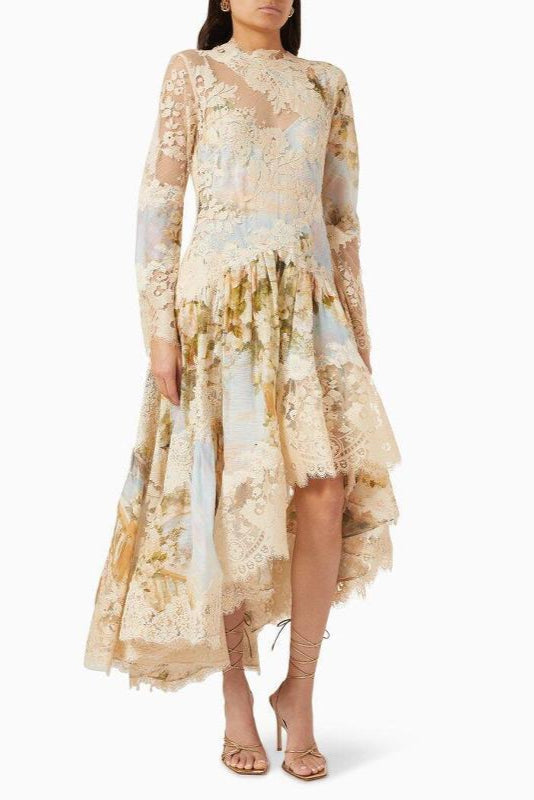 kristin Long Sleeves Floral Printed Asymmetric Lace Maxi Dress