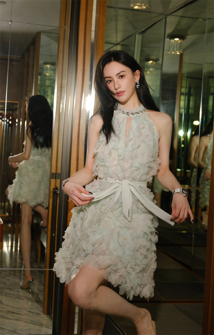 Pastel Green Ribbon Floral wedding guest bridal Dress