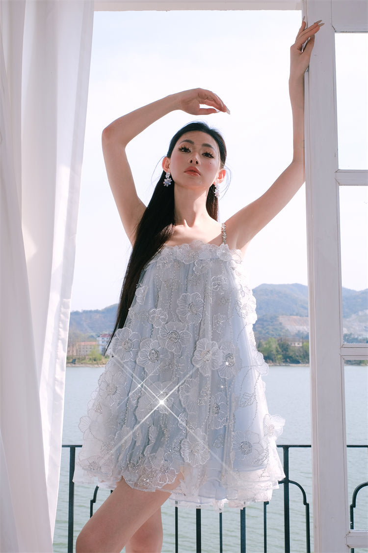 Tutu Light Blue Sleeveless Flower Diamond Short Doll Dress