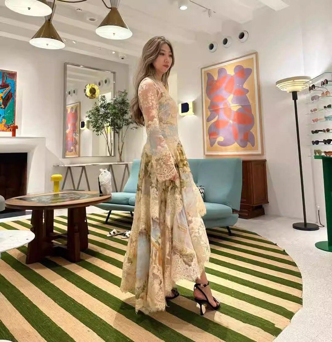 kristin Long Sleeves Floral Printed Asymmetric Lace Maxi Dress