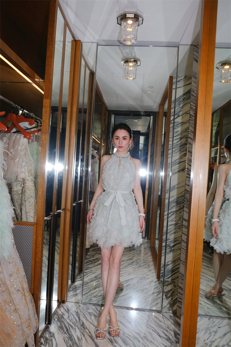 Pastel Green Ribbon Floral wedding guest bridal Dress