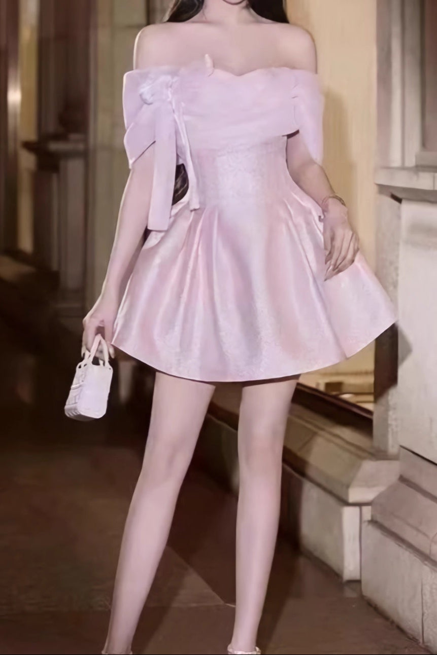 ashley bow strapless Puff mini dress in pink
