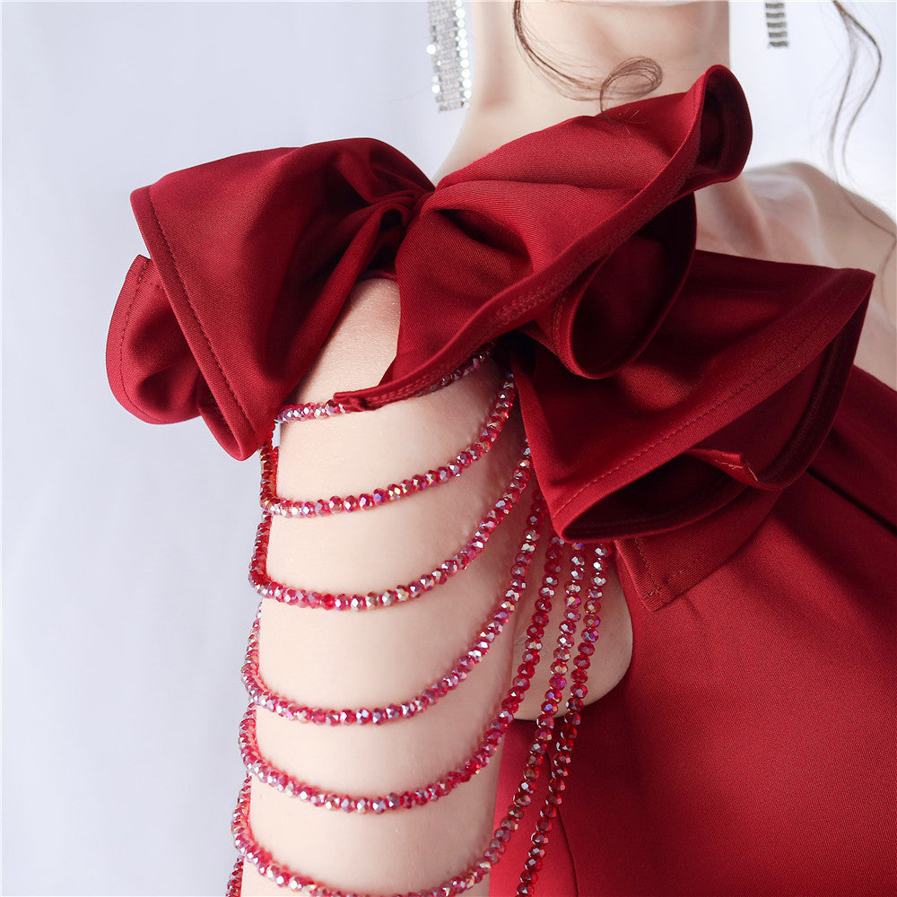 RED ONE SHOULDER FLOWER CUT OUT SLIT MAXI DRESS