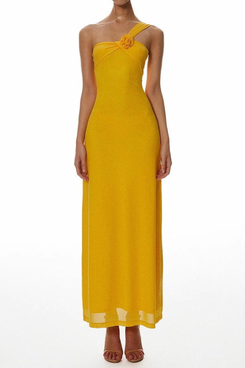 one-shoulder flower a-line maxi dress in yellow