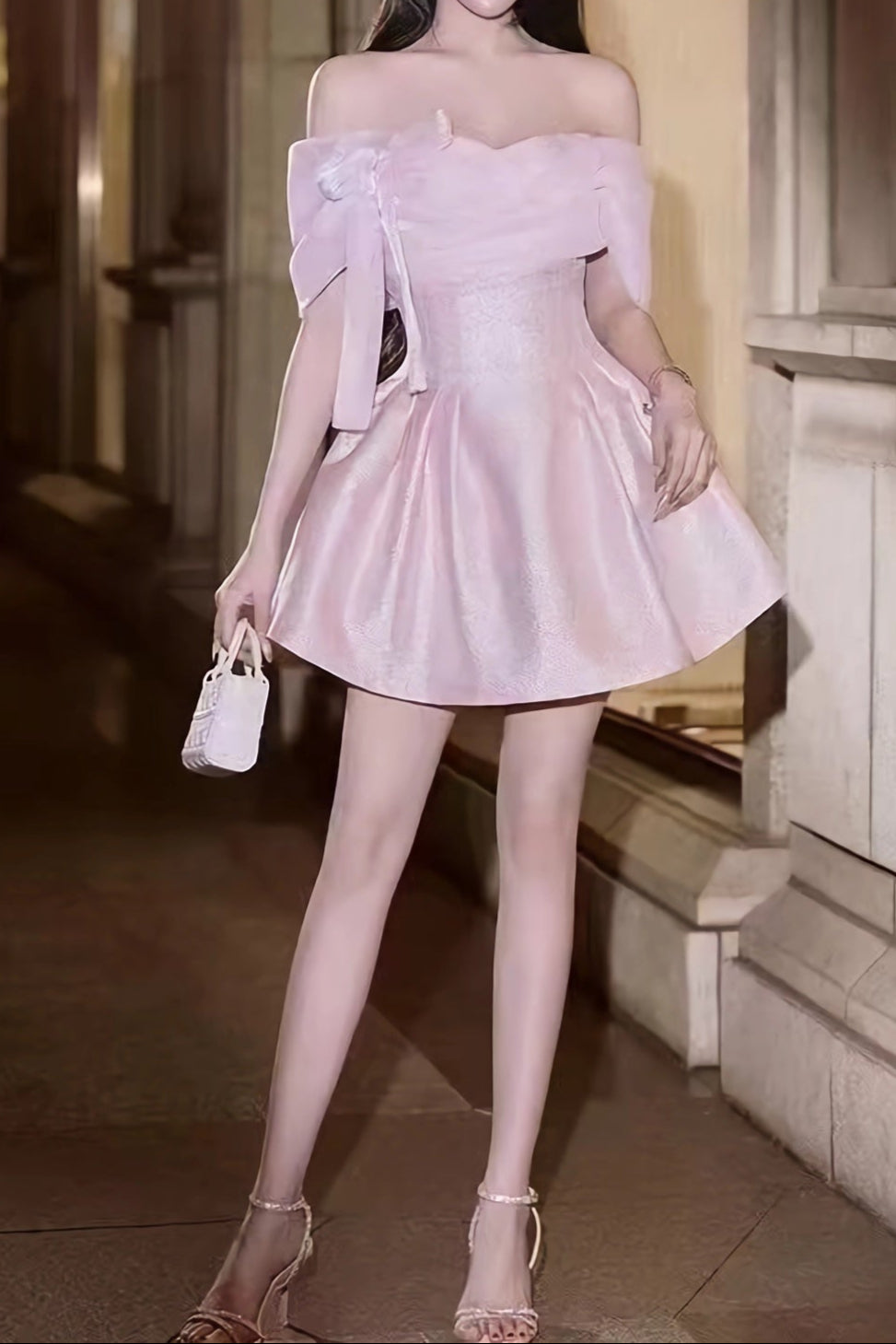 ashley bow strapless Puff mini dress in pink