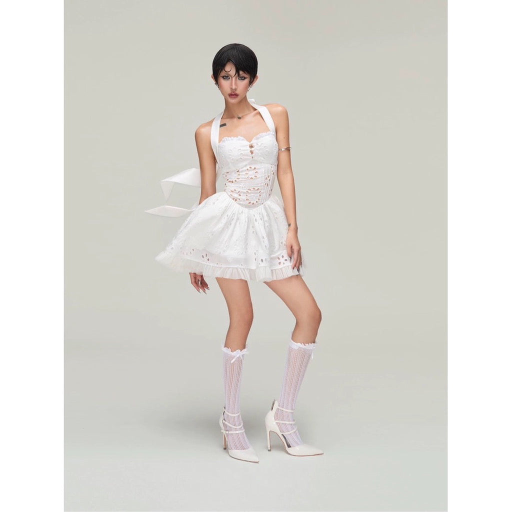 halter embroidered hollow mini dress in white