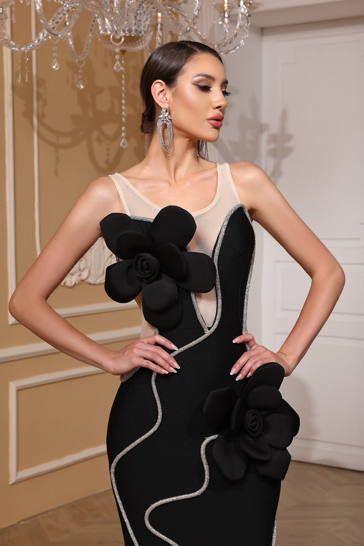 Diamond 3D Flower Sequin Bandage maxi Dress in black