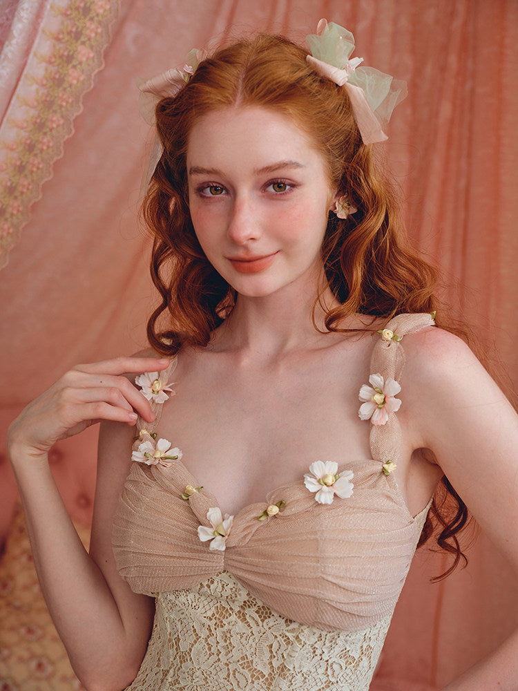 heloise lace mesh flower detail maxi dress in cream pink