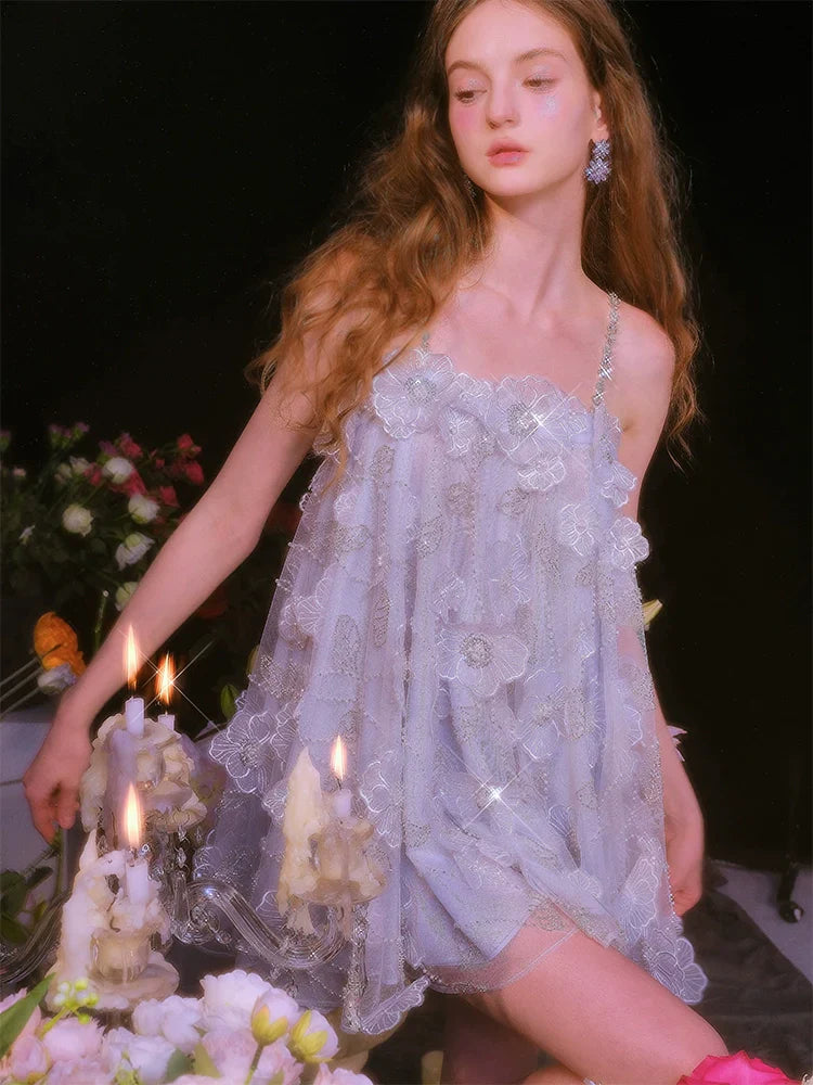 Tutu Light Blue Sleeveless Flower Diamond Short Doll Dress