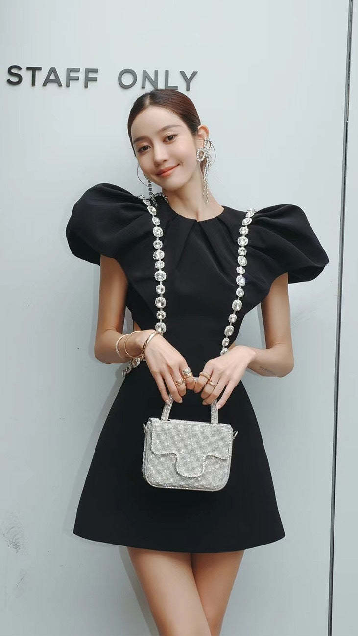 Three-dimensional ruffle rhinestone hollow mini dress in black