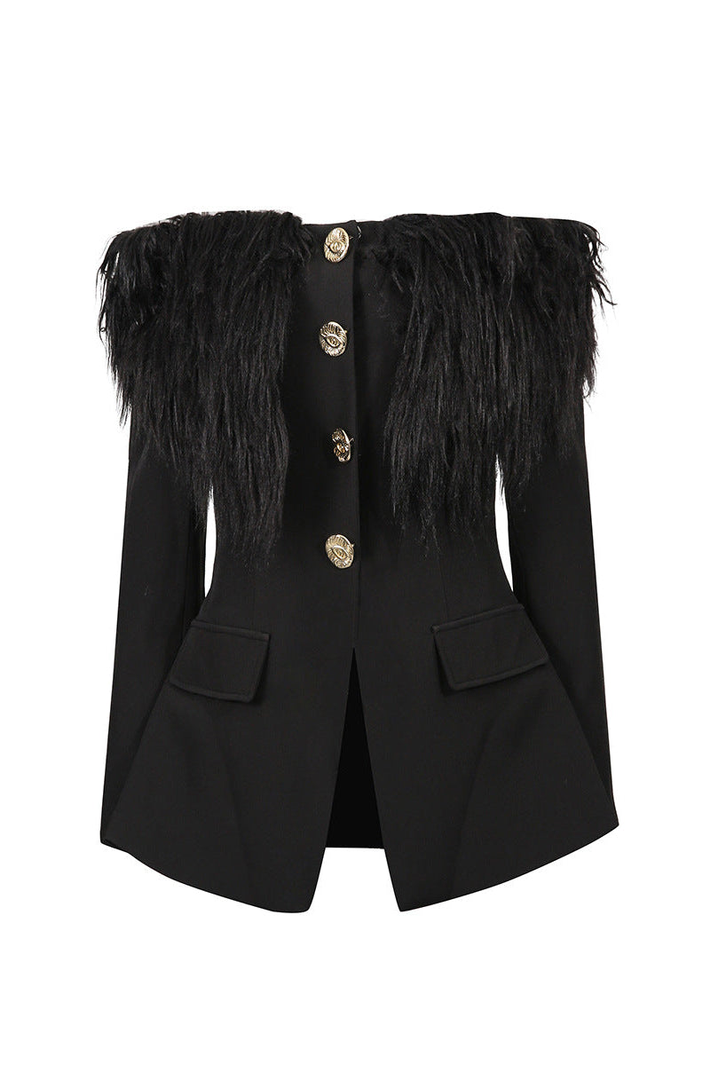 black Off-shoulder feather metal buckle decoration blazer mini dress