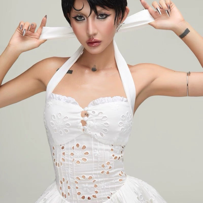 halter embroidered hollow mini dress in white