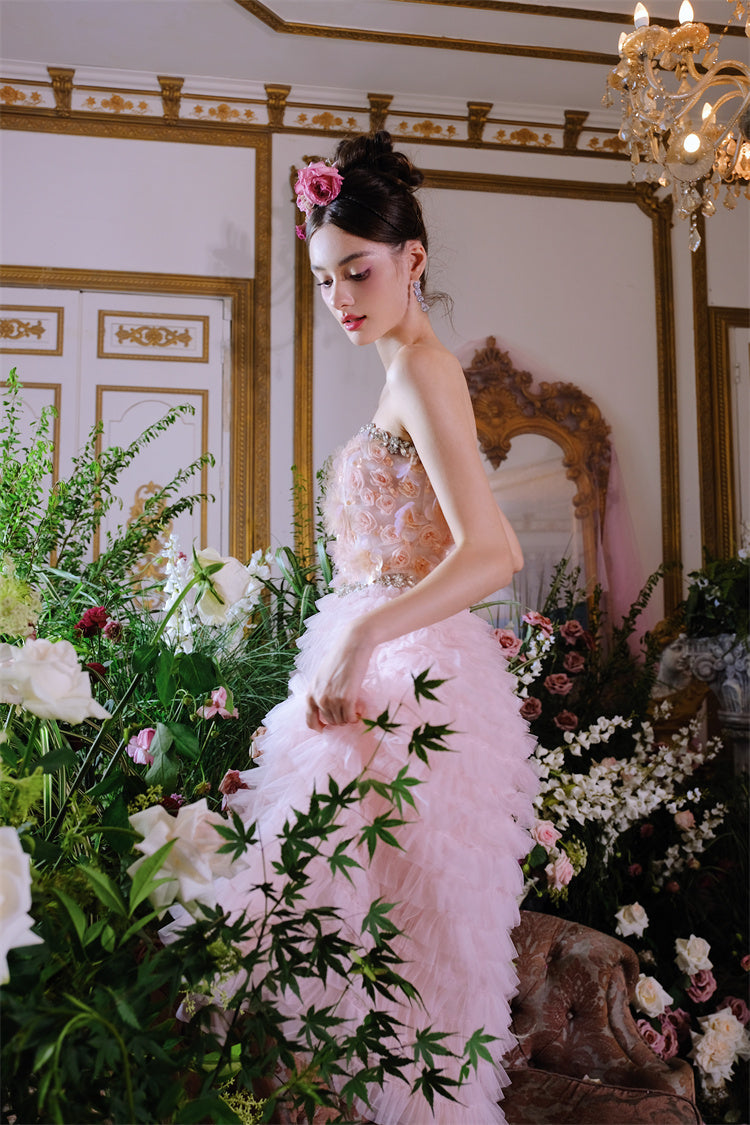 Pink Princess layer ruffle midi floral Embroidery strapless Dress