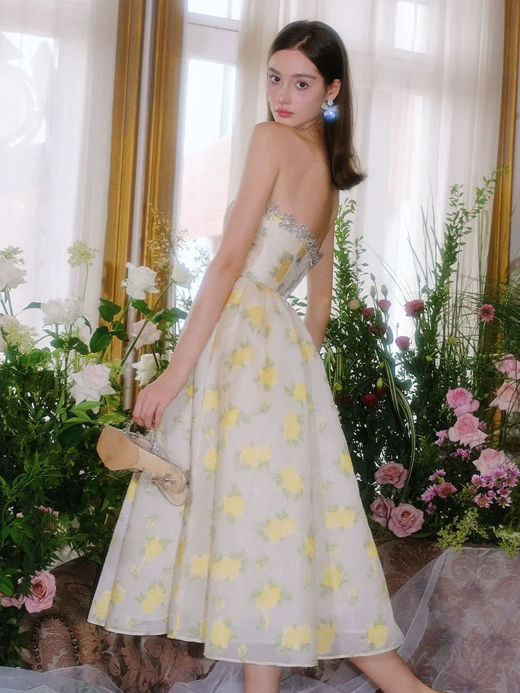 Lemon Yellow Strapless Long Cocktail Dress-Butter Cup