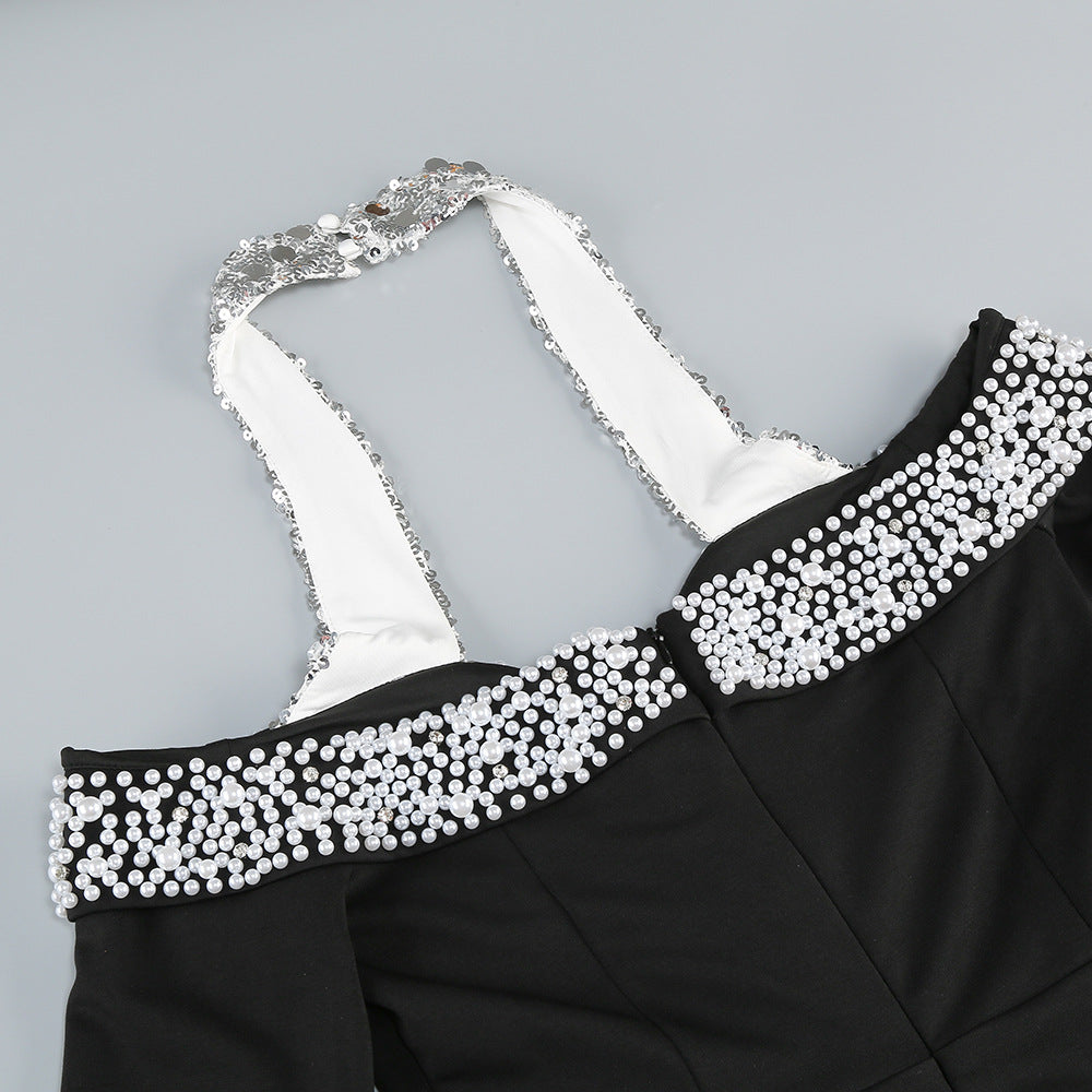 Halter Pearl Crystal-Trim Gown in black