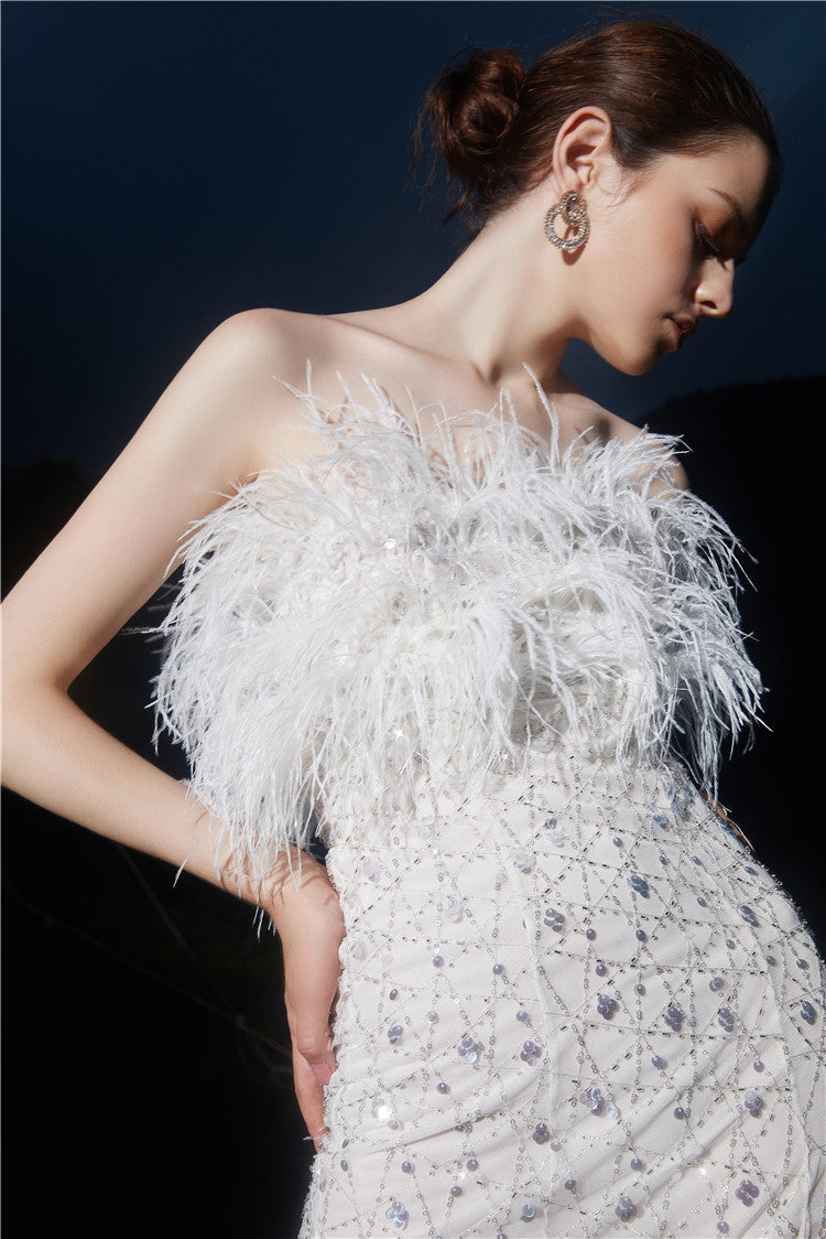Masa White Haute Couture Feather Sequin Dress