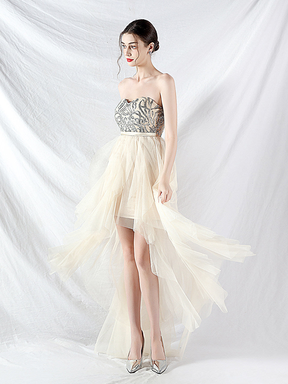 strapless sequin tulle midi dress