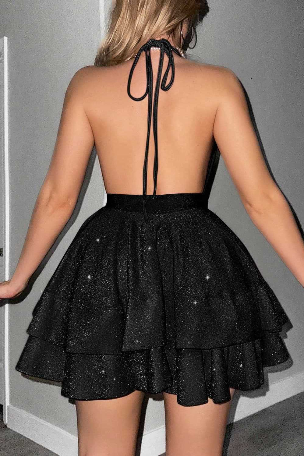 virginia A Line Halter  Tiered mini Dress in black