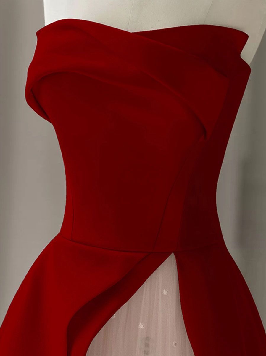 Aline Burgundy Satin sleeveless Long Prom Dress