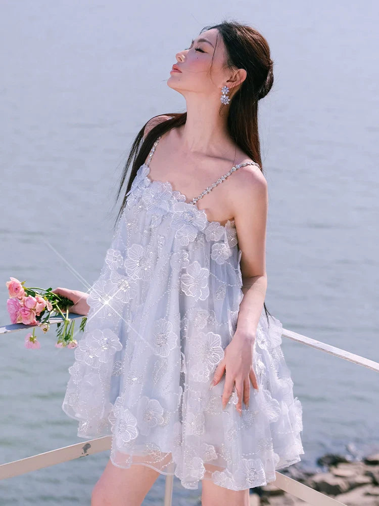 Tutu Light Blue Sleeveless Flower Diamond Short Doll Dress