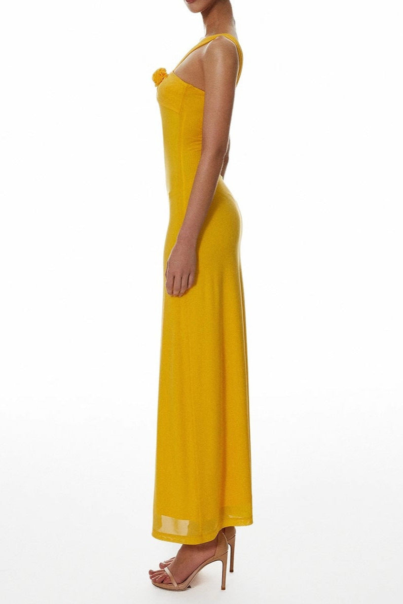 one-shoulder flower a-line maxi dress in yellow