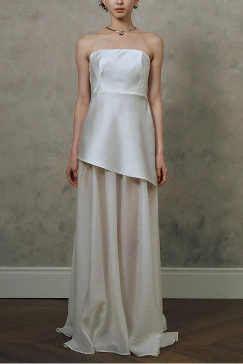 satin Spliced tulle  strapless maxi dress in black and white