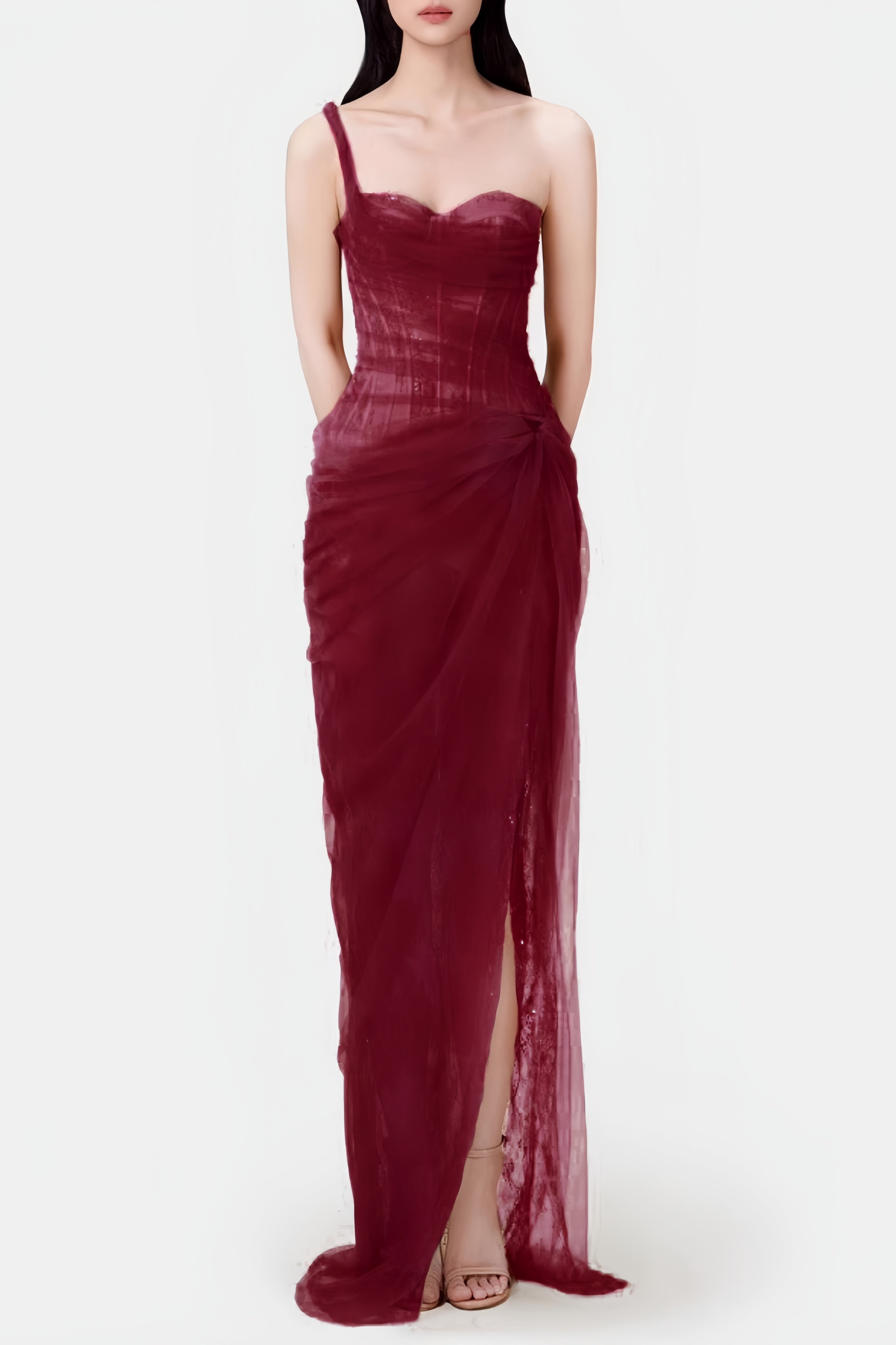 Lace Corset One Shoulder Midi Dress - Wine