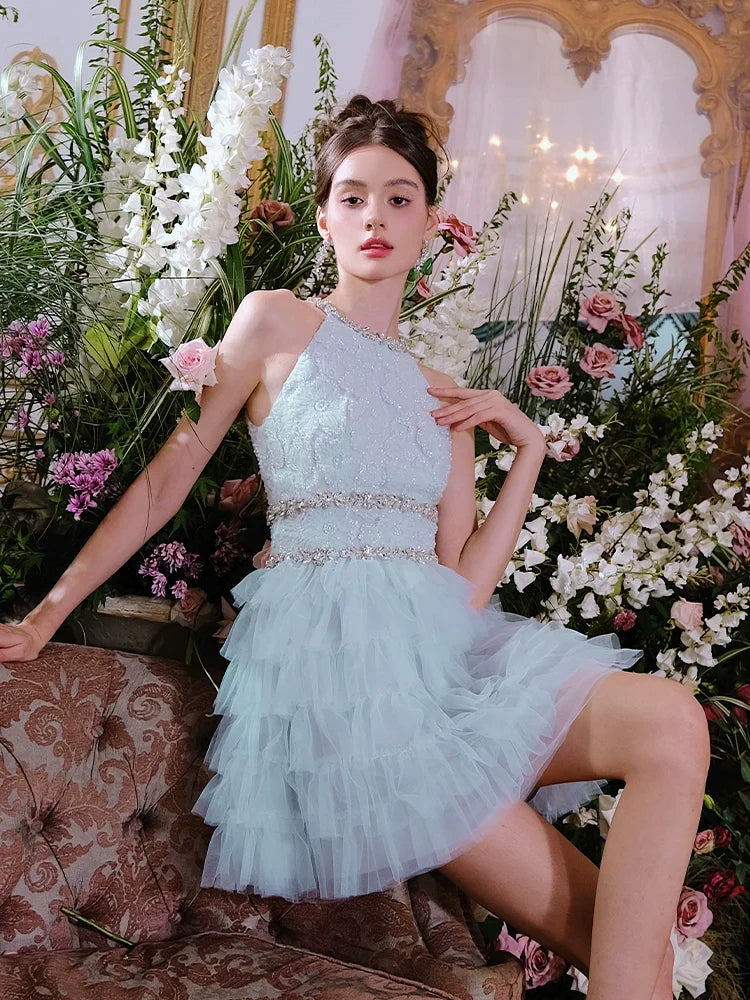 Sleeveless halter layered party Dress