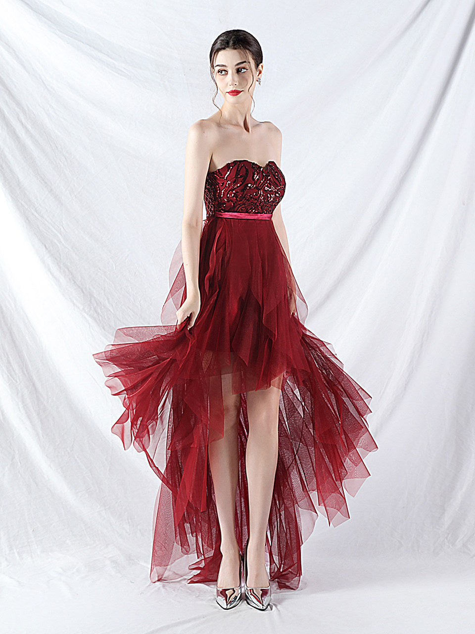 strapless sequin tulle midi dress