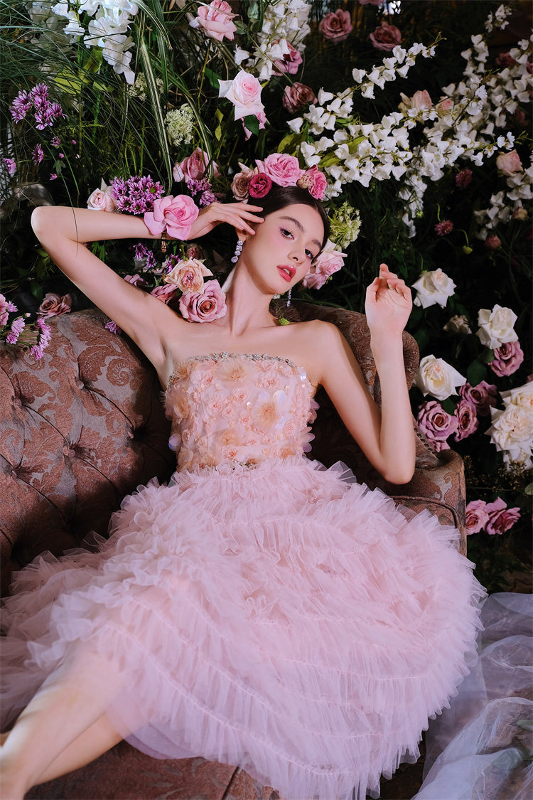 Pink Princess layer ruffle midi floral Embroidery strapless Dress