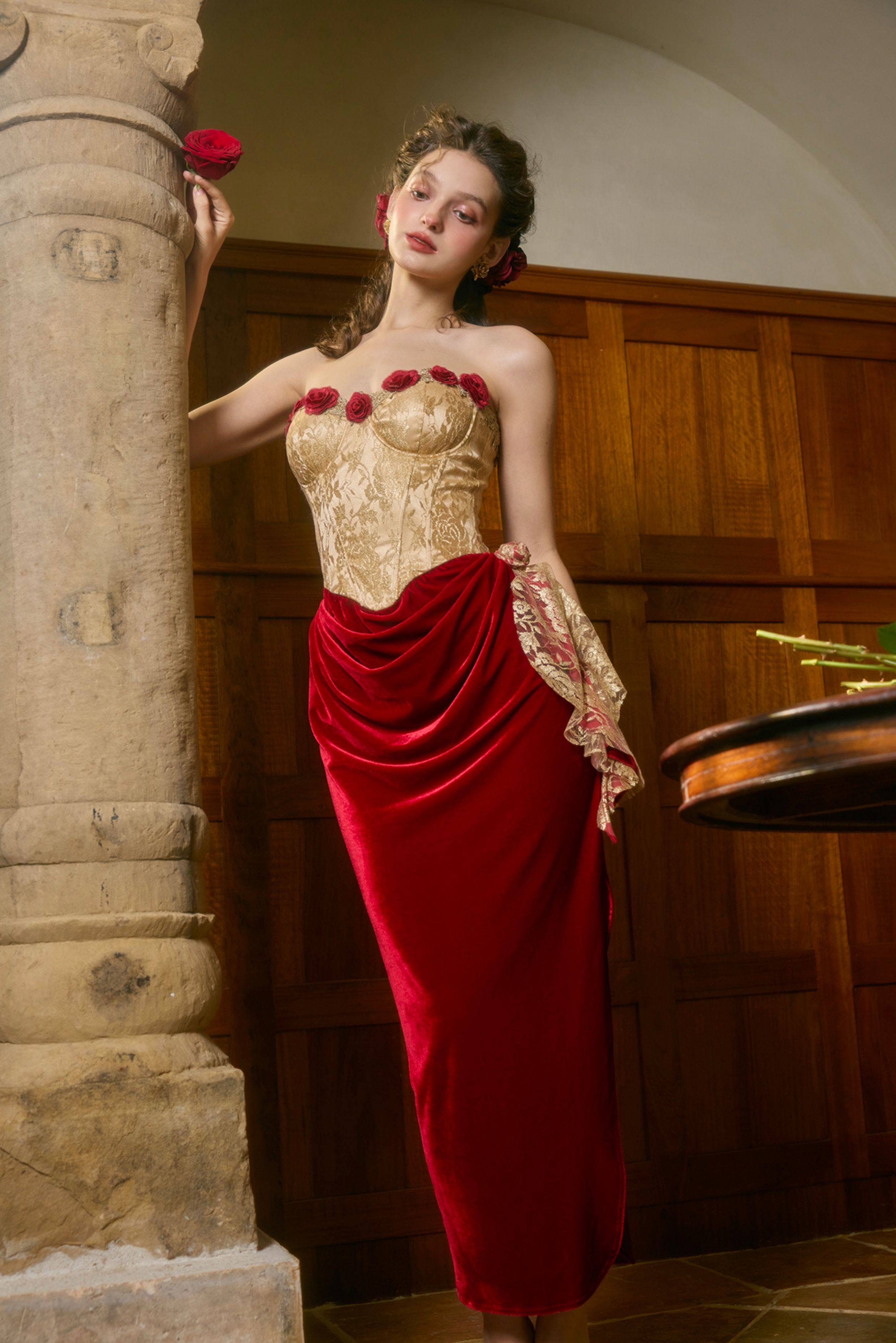 claire Wild Rose Corset maxi Dress - gold / red