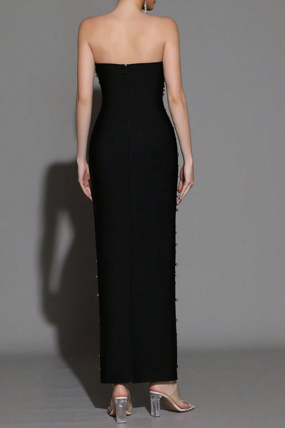 Pearl Rhinestone Beaded strapless black maxi dress