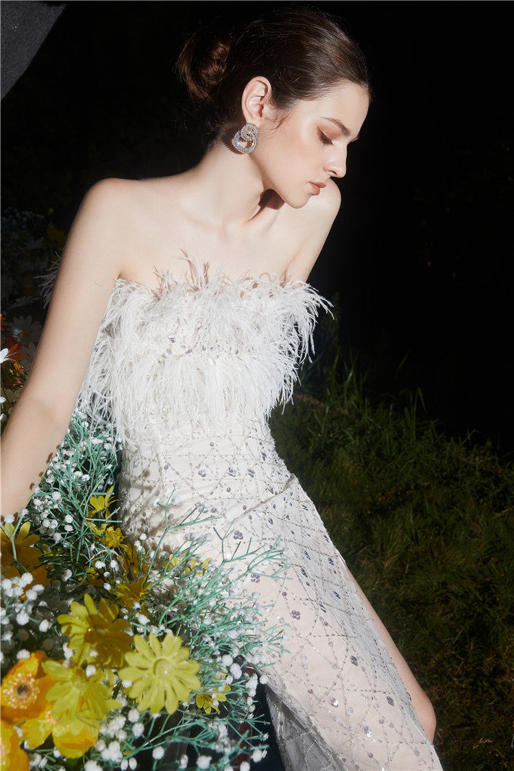 Masa White Haute Couture Feather Sequin Dress