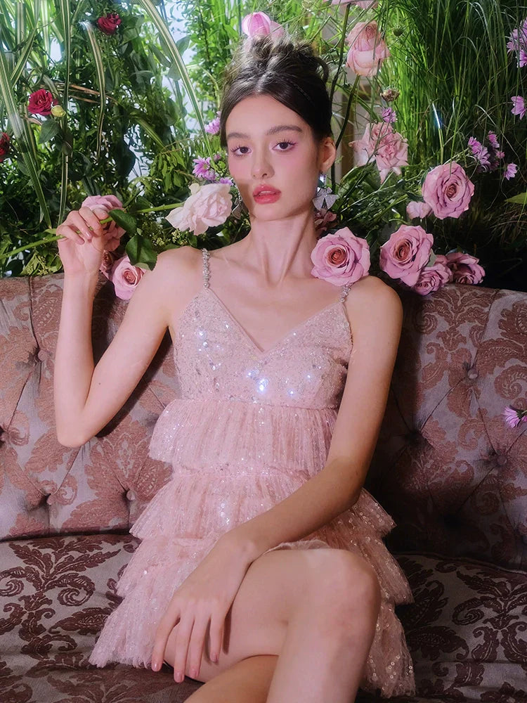 Pink Sleeveless Sequin layer ruffle short Dinner Dress