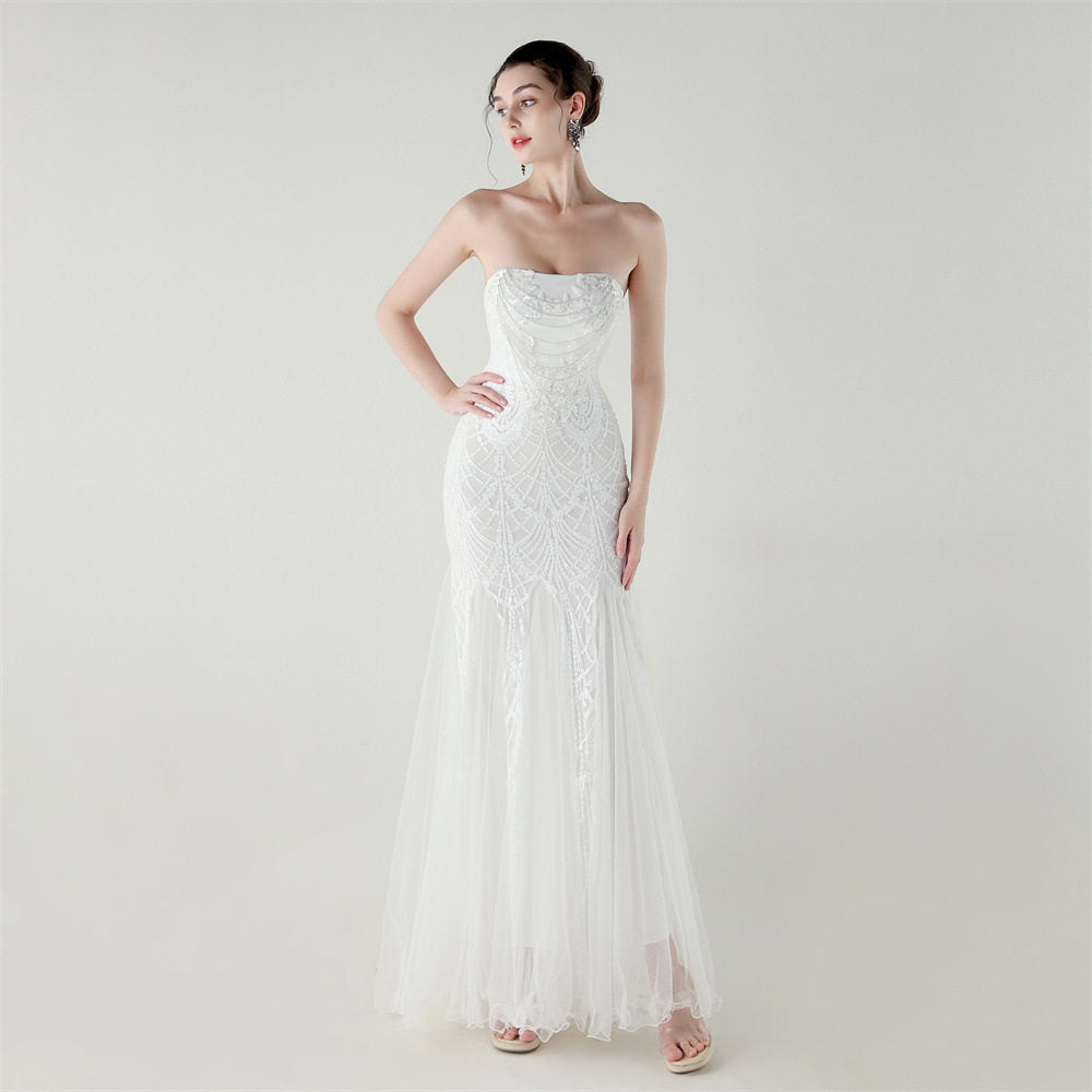 sequin strapless tulle maxi dress