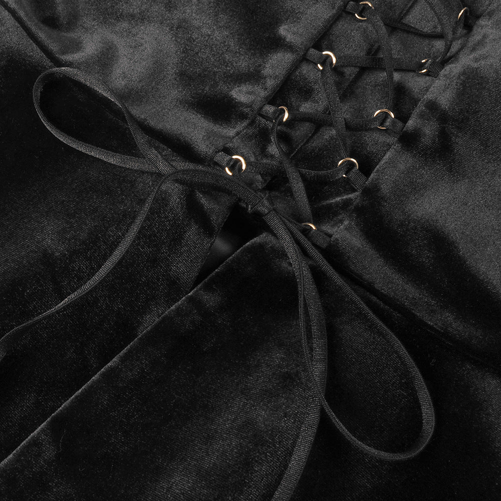 Petal-layered velvet top mini skirt suit without glove - black/white