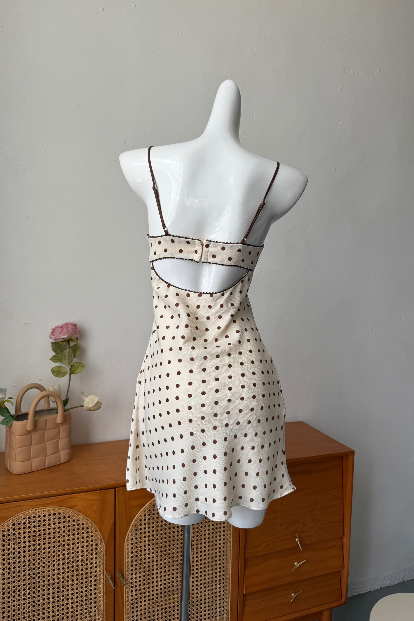 Satin Polka Dot Mini Dress in beige