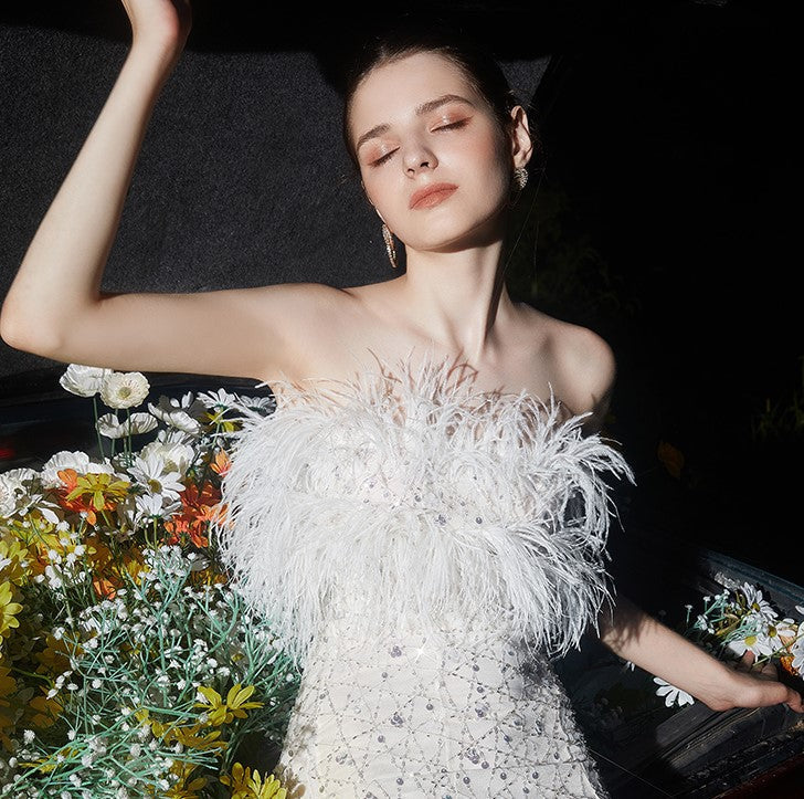 Masa White Haute Couture Feather Sequin Dress