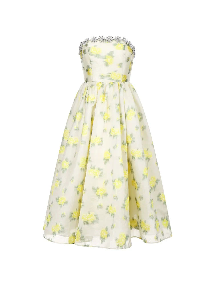 Lemon Yellow Strapless Long Cocktail Dress-Butter Cup