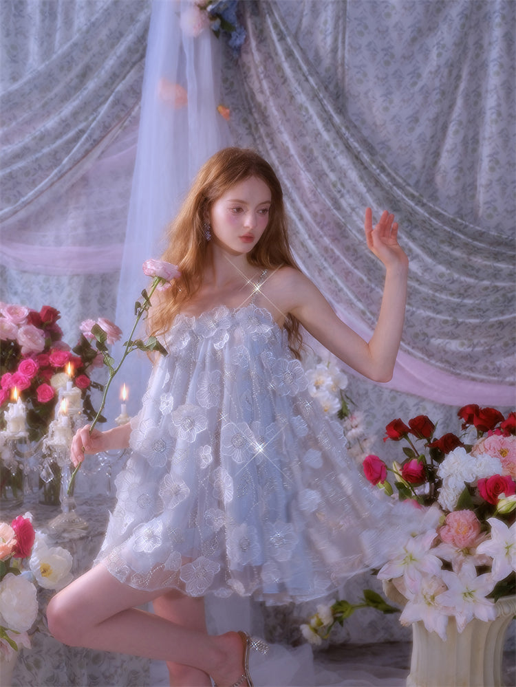 Tutu Light Blue Sleeveless Flower Diamond Short Doll Dress