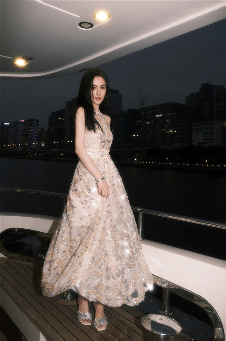 Gold Couture with Floral Embroidery Sequin Banquet Dress