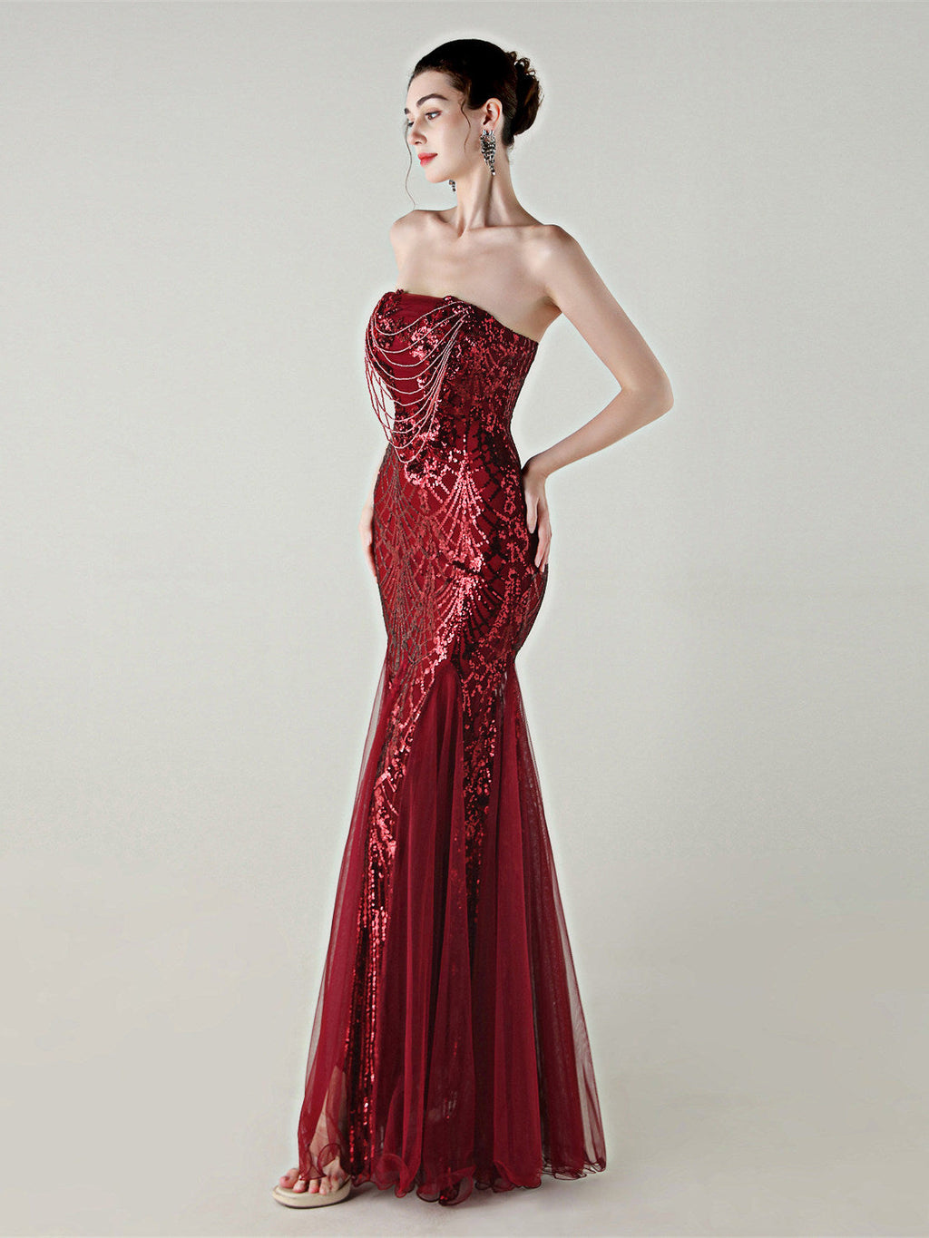 sequin strapless tulle maxi dress